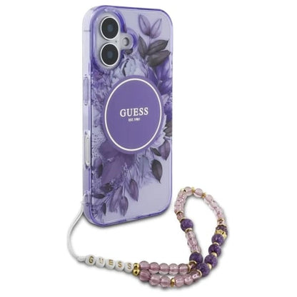 MagSafe Hülle für Apple iPhone 16, Guess, IML Flowers with Pearl Strap, Lila