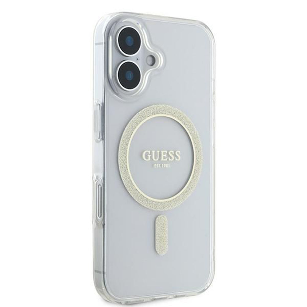 MagSafe Hülle für Apple iPhone 16, Guess, IML Glitter Circle, Transparent