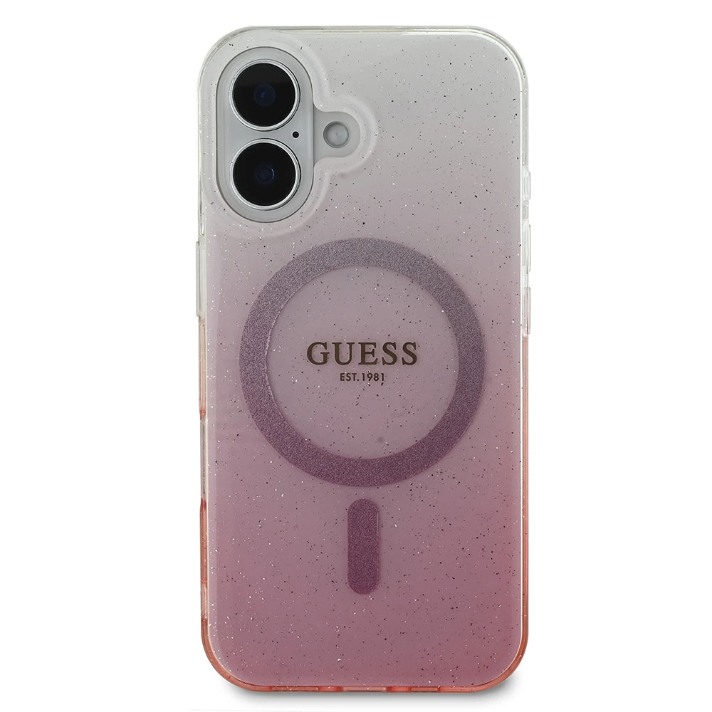 MagSafe Hülle für Apple iPhone 16, Guess, IML Glitter Gradient, Rosa