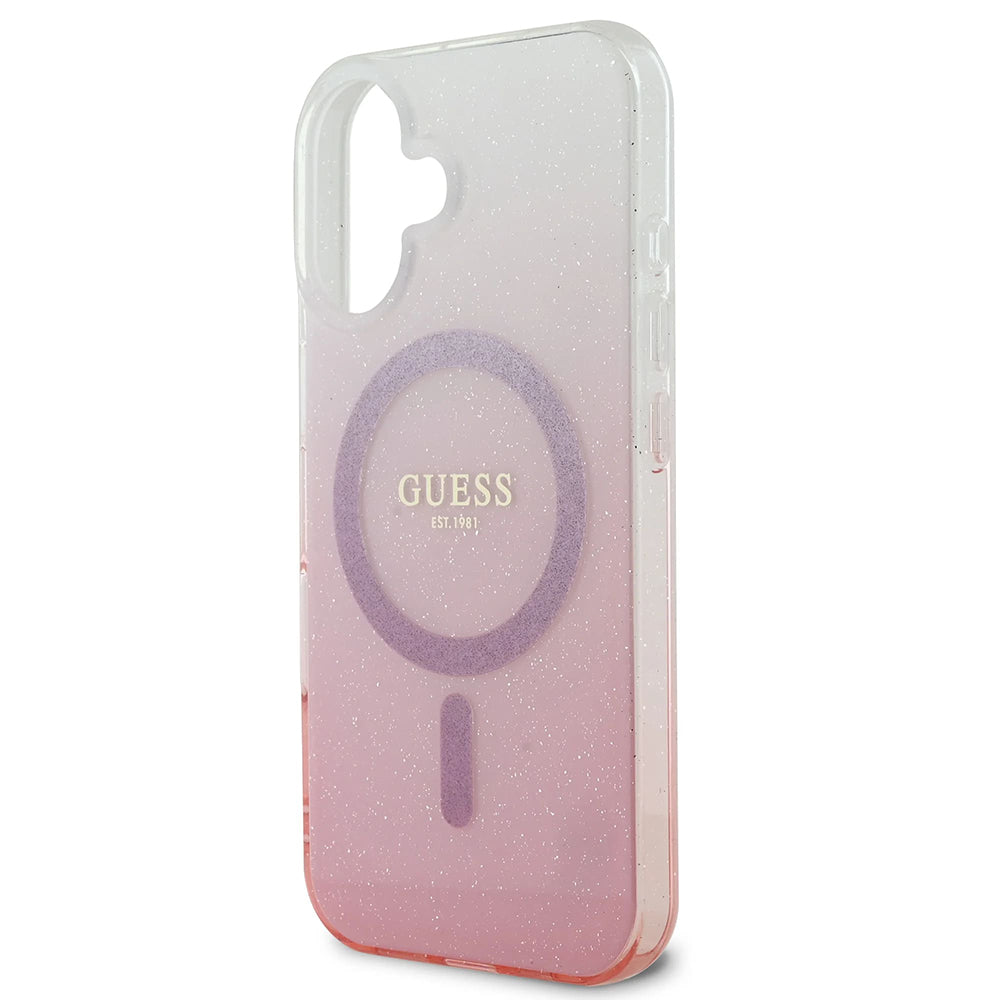 MagSafe Hülle für Apple iPhone 16, Guess, IML Glitter Gradient, Rosa