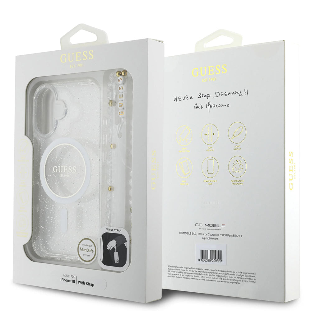 MagSafe Hülle für Apple iPhone 16, Guess, IML Glitter mit Perlenband, Transparent
