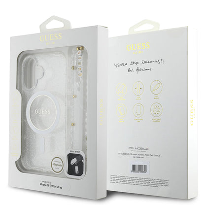 MagSafe Hülle für Apple iPhone 16, Guess, IML Glitter mit Perlenband, Transparent