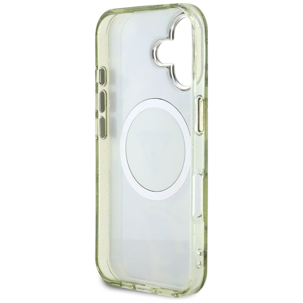 MagSafe Hülle für Apple iPhone 16, Guess, IML Metal Glitter Flowers Triangle, Grün