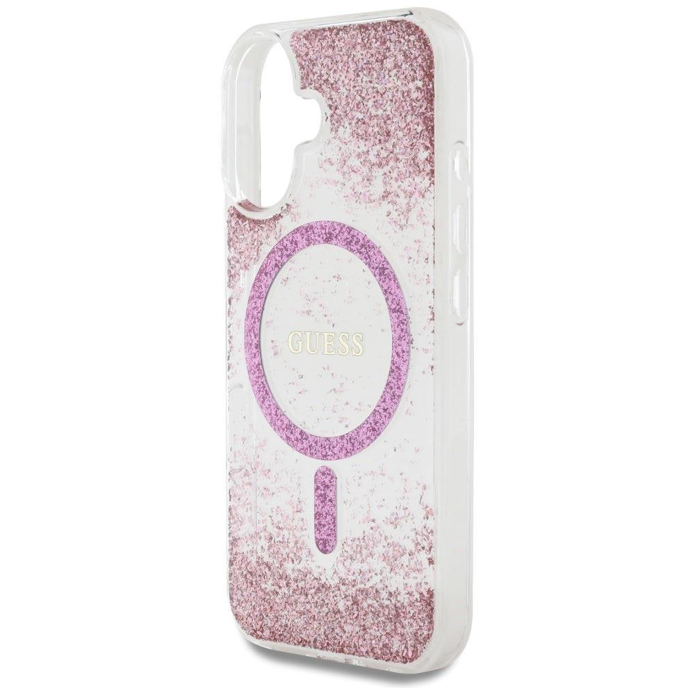 MagSafe Hülle für Apple iPhone 16, Guess, Resin Bottom Glitter, Rosa