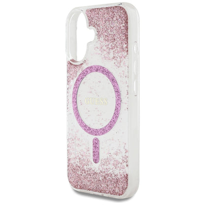 MagSafe Hülle für Apple iPhone 16, Guess, Resin Bottom Glitter, Rosa