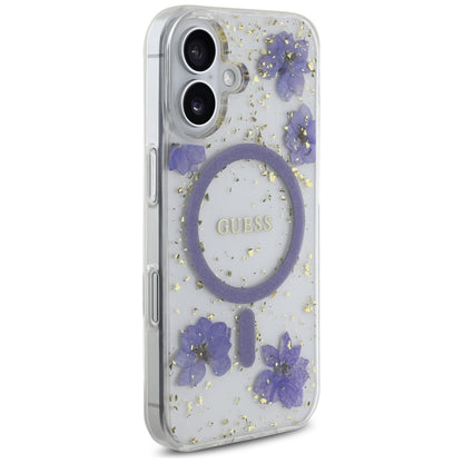 MagSafe Case for Apple iPhone 16, Guess, Resin Flowers and Glitter, Purple