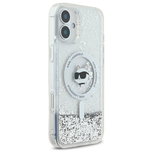 MagSafe Hülle für Apple iPhone 16, Karl Lagerfeld, Glitter Liquid Choupette Head, Transparent