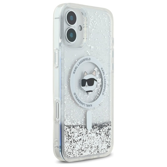 MagSafe Hülle für Apple iPhone 16, Karl Lagerfeld, Glitter Liquid Choupette Head, Transparent