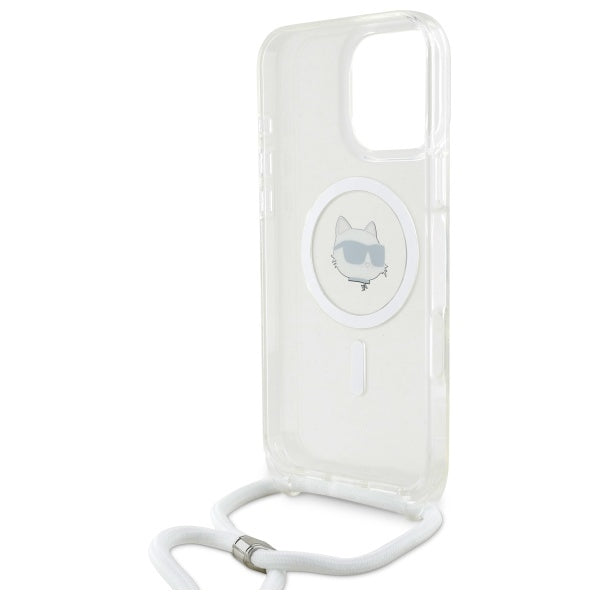 MagSafe Case for Apple iPhone 16, Karl Lagerfeld, IML Crossbody Choupette's Head with Strap, Transparent
