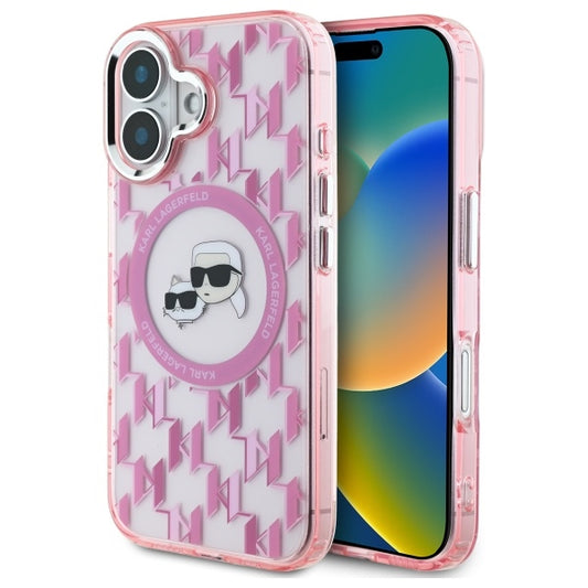 MagSafe Case for Apple iPhone 16, Karl Lagerfeld, IML Monogram Karl & Choupette's Heads, Pink