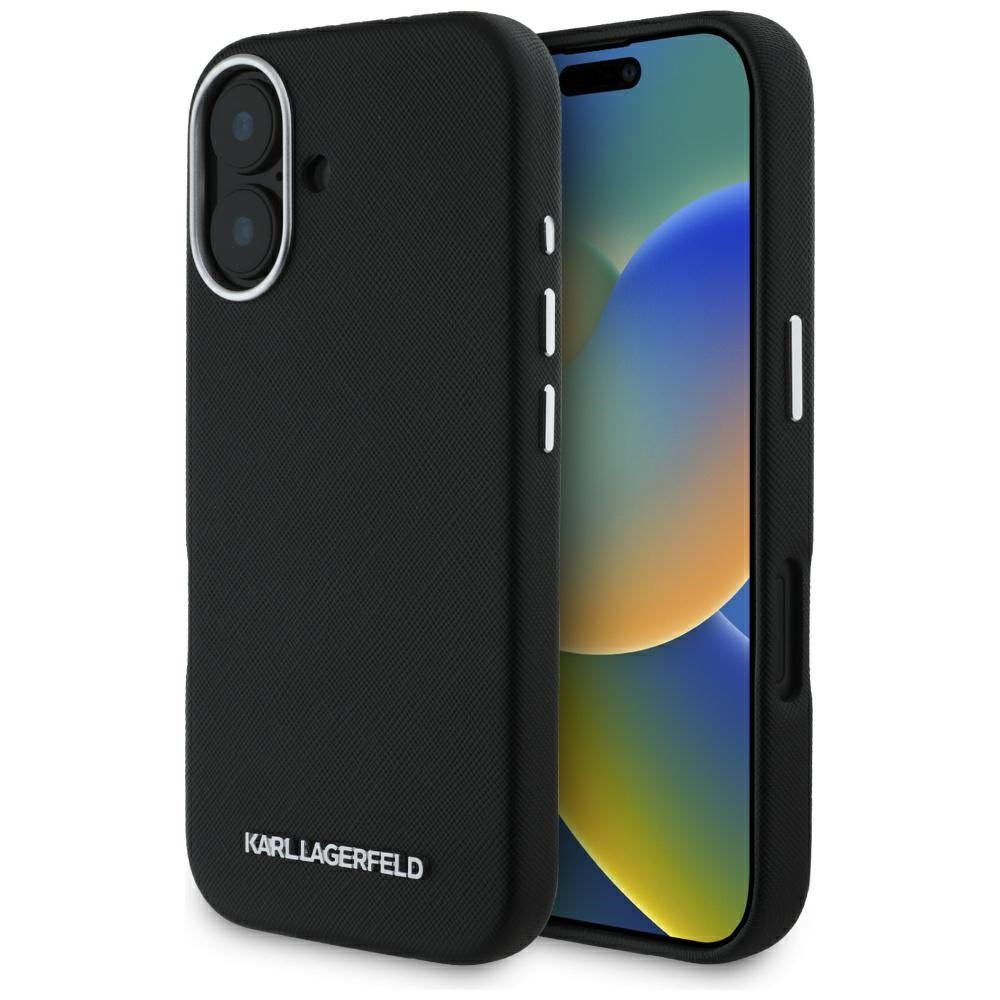 MagSafe Hülle für Apple iPhone 16, Karl Lagerfeld, Saffiano Full Wrapped Elongated Metal Logo, Schwarz