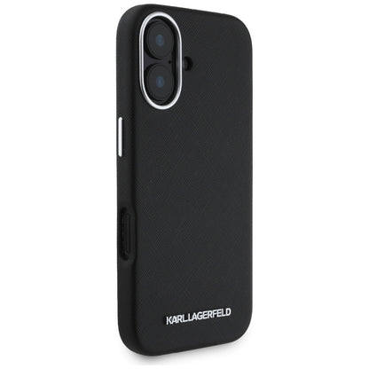 MagSafe Hülle für Apple iPhone 16, Karl Lagerfeld, Saffiano Full Wrapped Elongated Metal Logo, Schwarz