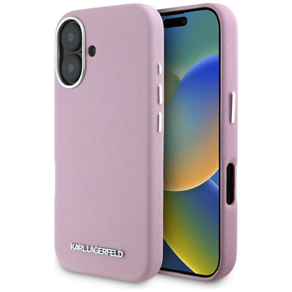 MagSafe Hülle für Apple iPhone 16, Karl Lagerfeld, Saffiano Full Wrapped Elongated Metal Logo, Rosa