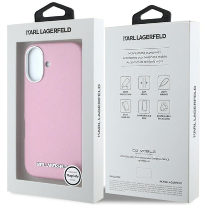 MagSafe Hülle für Apple iPhone 16, Karl Lagerfeld, Saffiano Full Wrapped Elongated Metal Logo, Rosa