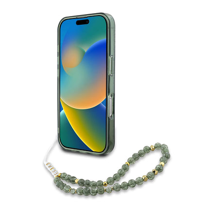 MagSafe Hülle für Apple iPhone 16 Plus, Guess, IML Flowers Allover Electroplated with Pearl Strap, Grün