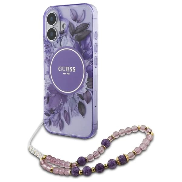 MagSafe Hülle für Apple iPhone 16 Plus, Guess, IML Flowers with Pearl Strap, Lila
