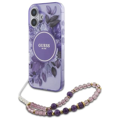 MagSafe Hülle für Apple iPhone 16 Plus, Guess, IML Flowers with Pearl Strap, Lila