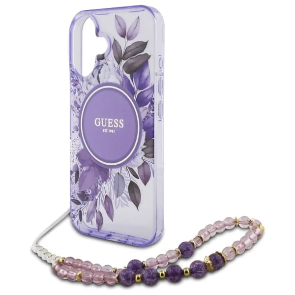 MagSafe Hülle für Apple iPhone 16 Plus, Guess, IML Flowers with Pearl Strap, Lila
