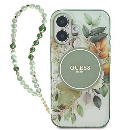 MagSafe Hülle für Apple iPhone 16 Plus, Guess, IML Flowers with Pearl Strap, Grün