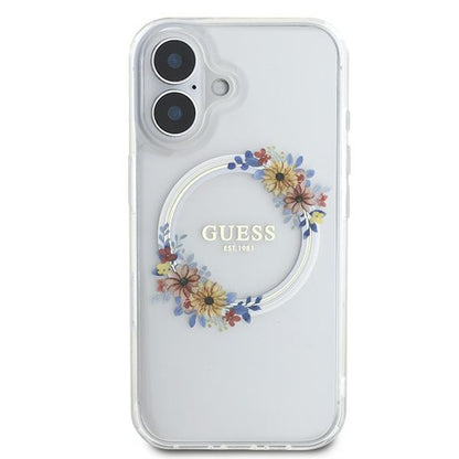MagSafe Hülle für Apple iPhone 16 Plus, Guess, IML Flowers Wreath, Transparent