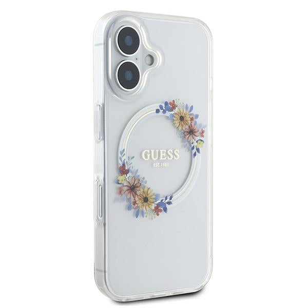 MagSafe Hülle für Apple iPhone 16 Plus, Guess, IML Flowers Wreath, Transparent