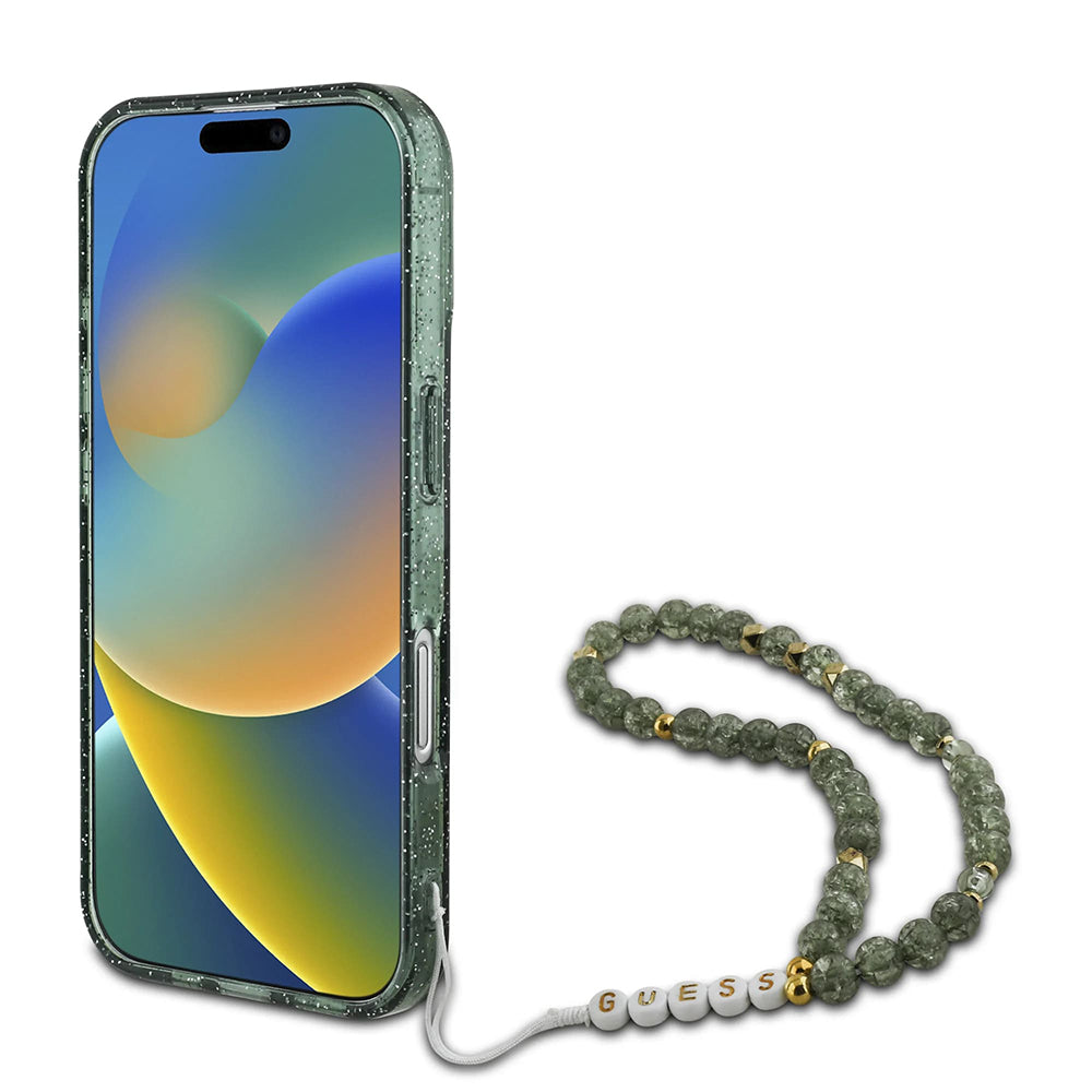 MagSafe Hülle für Apple iPhone 16 Plus, Guess, IML Glitter mit Perlenband, Grün