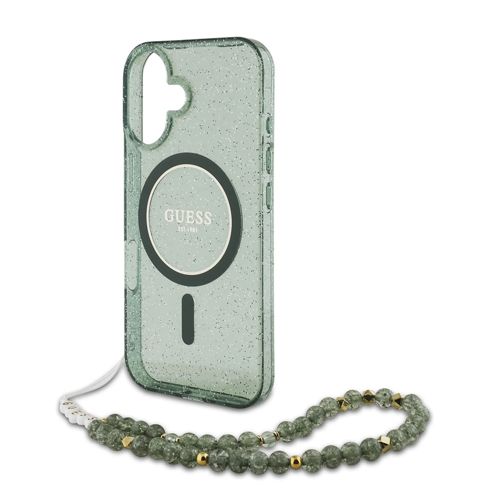 MagSafe Hülle für Apple iPhone 16 Plus, Guess, IML Glitter mit Perlenband, Grün