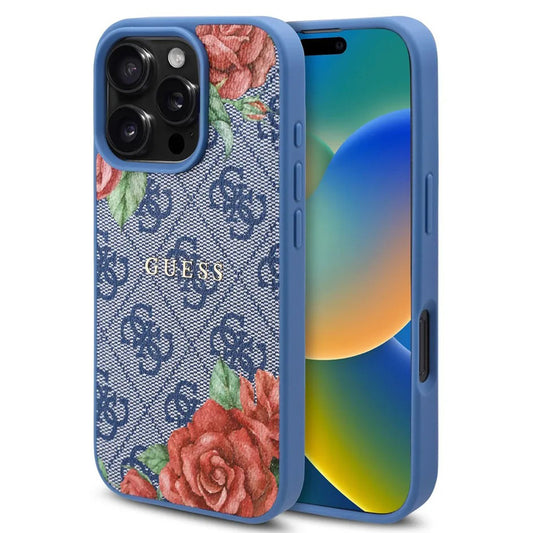 MagSafe Hülle für Apple iPhone 16 Pro, Guess, 4G Flowers Print, Blau