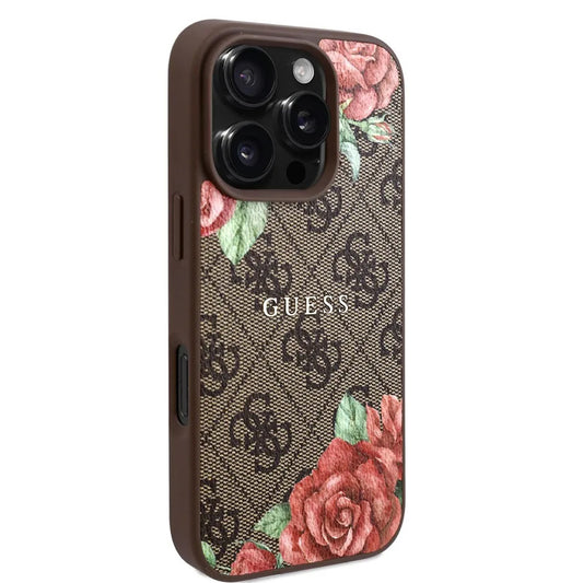MagSafe Hülle für Apple iPhone 16 Pro, Guess, 4G Flowers Print, Braun