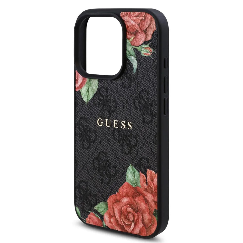 MagSafe Hülle für Apple iPhone 16 Pro, Guess, 4G Flowers Print, Schwarz