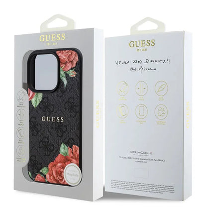 MagSafe Hülle für Apple iPhone 16 Pro, Guess, 4G Flowers Print, Schwarz