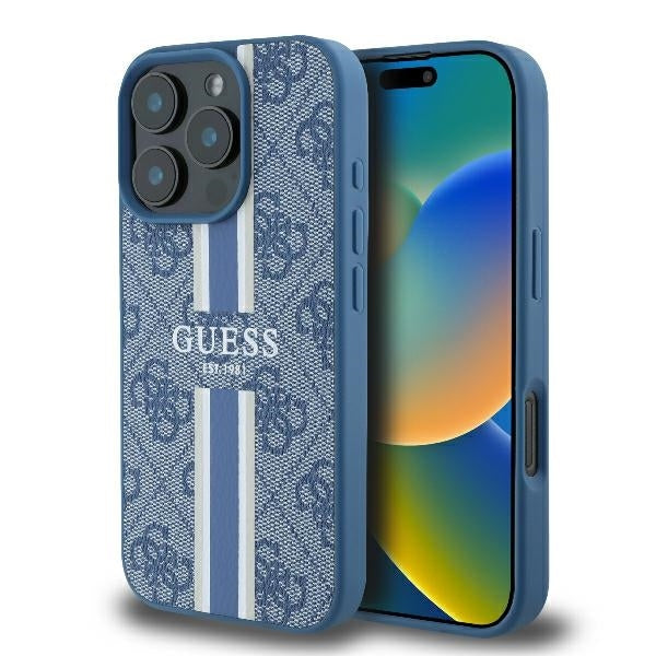 MagSafe Hülle für Apple iPhone 16 Pro, Guess, 4G Printed Stripes, Blau