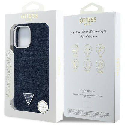 MagSafe Hülle für Apple iPhone 16 Pro, Guess, Denim Triangle Logo, Blau