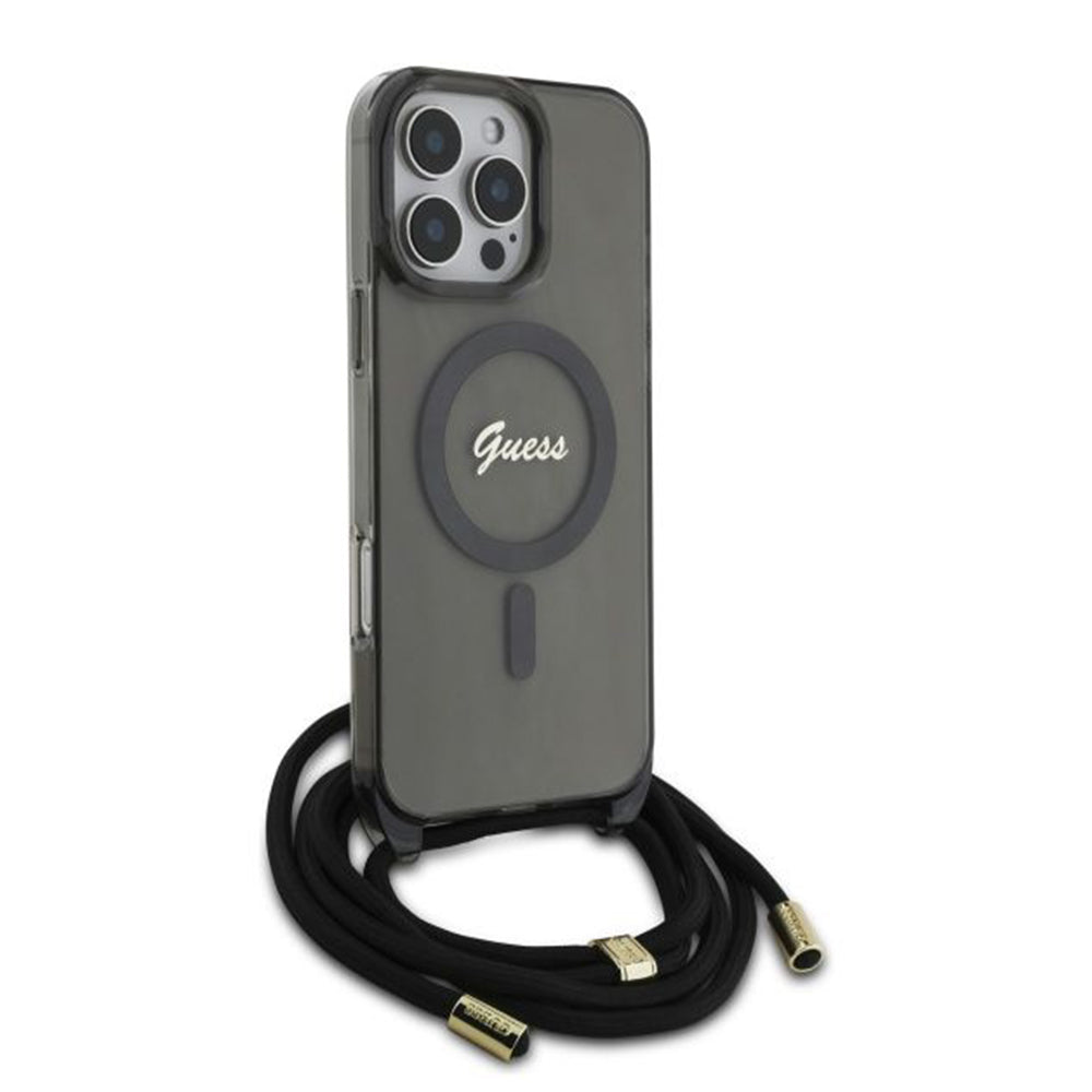 MagSafe Hülle für Apple iPhone 16 Pro, Guess, IML Crossbody Cord Script, Schwarz