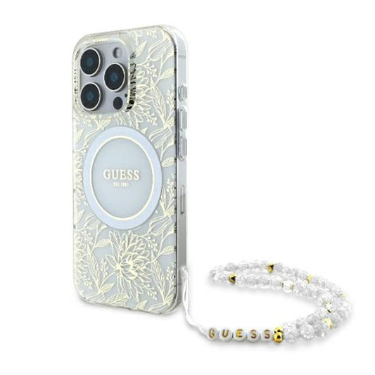 MagSafe Hülle für Apple iPhone 16 Pro, Guess, IML Flowers Allover Electroplated with Pearl Strap, Weiß