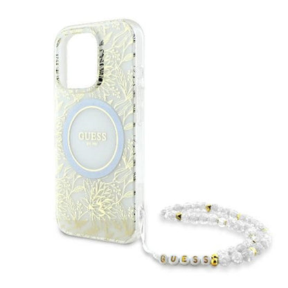 MagSafe Hülle für Apple iPhone 16 Pro, Guess, IML Flowers Allover Electroplated with Pearl Strap, Weiß