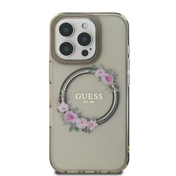 MagSafe Hülle für Apple iPhone 16 Pro, Guess, IML Flowers Wreath, Schwarz