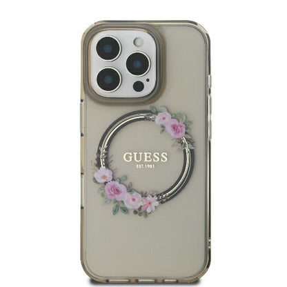 MagSafe Hülle für Apple iPhone 16 Pro, Guess, IML Flowers Wreath, Schwarz