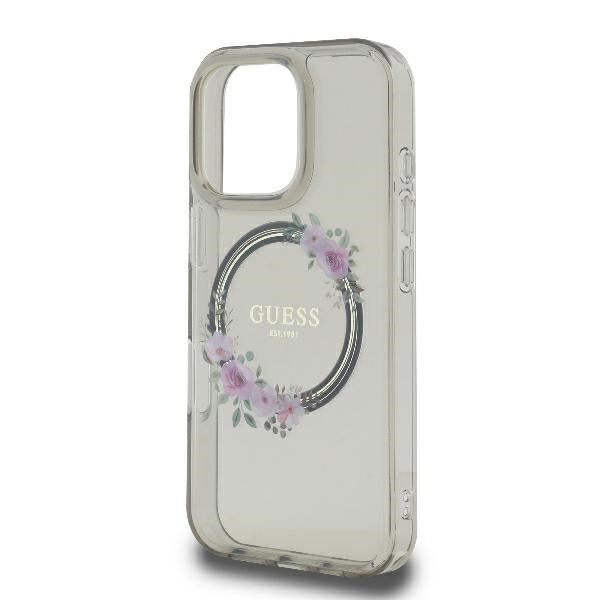 MagSafe Hülle für Apple iPhone 16 Pro, Guess, IML Flowers Wreath, Schwarz