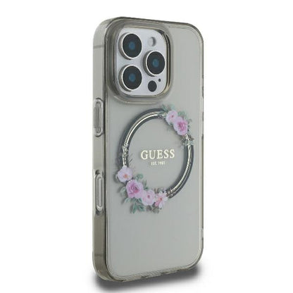 MagSafe Hülle für Apple iPhone 16 Pro, Guess, IML Flowers Wreath, Schwarz