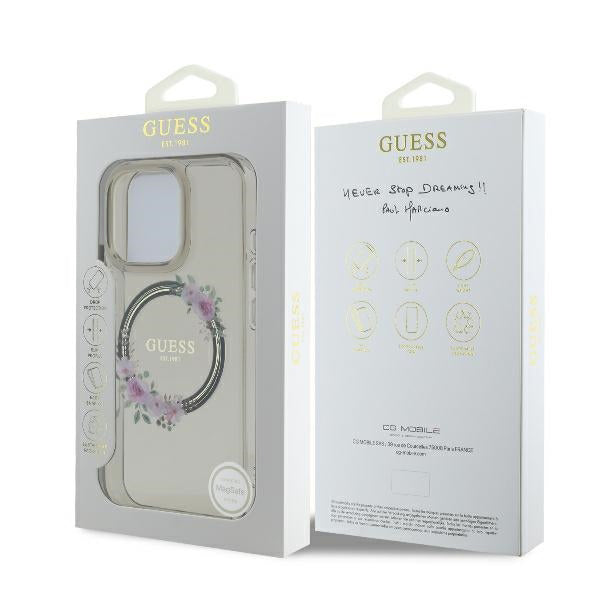 MagSafe Hülle für Apple iPhone 16 Pro, Guess, IML Flowers Wreath, Schwarz
