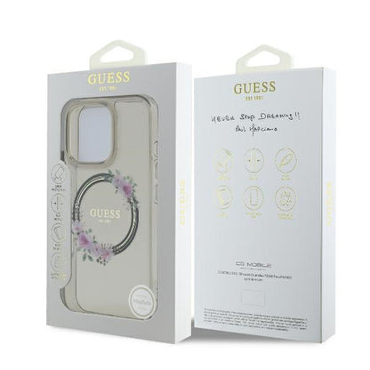 MagSafe Hülle für Apple iPhone 16 Pro, Guess, IML Flowers Wreath, Schwarz