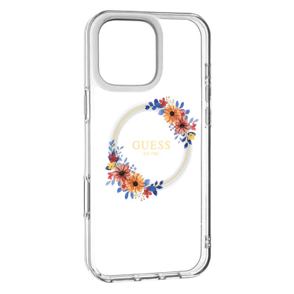 MagSafe Hülle für Apple iPhone 16 Pro, Guess, IML Flowers Wreath, Transparent