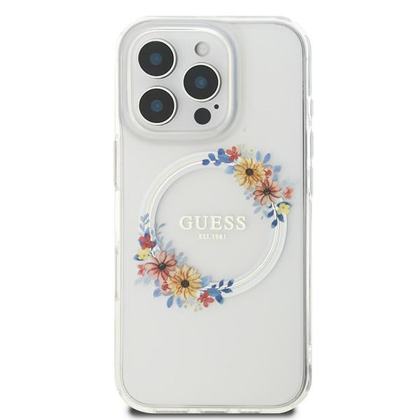 MagSafe Hülle für Apple iPhone 16 Pro, Guess, IML Flowers Wreath, Transparent