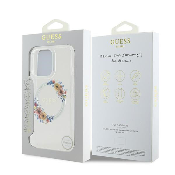 MagSafe Hülle für Apple iPhone 16 Pro, Guess, IML Flowers Wreath, Transparent