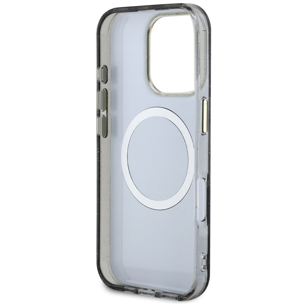 MagSafe Hülle für Apple iPhone 16 Pro, Guess, IML Metal Glitter Flowers Triangle, Schwarz