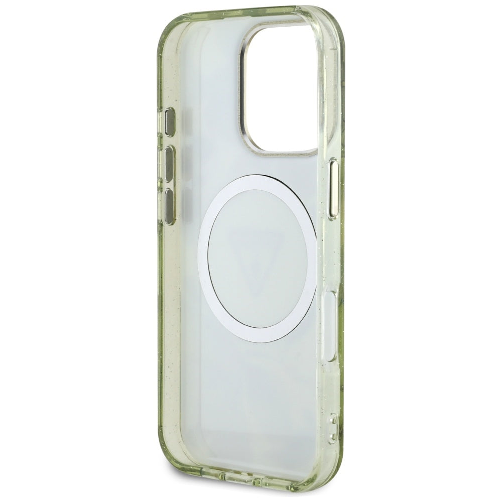 MagSafe Hülle für Apple iPhone 16 Pro, Guess, IML Metal Glitter Flowers Triangle, Grün