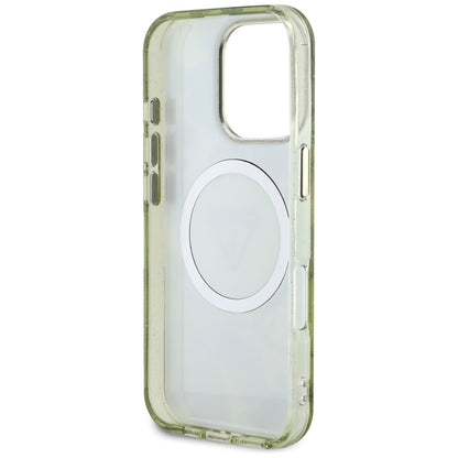 MagSafe Hülle für Apple iPhone 16 Pro, Guess, IML Metal Glitter Flowers Triangle, Grün