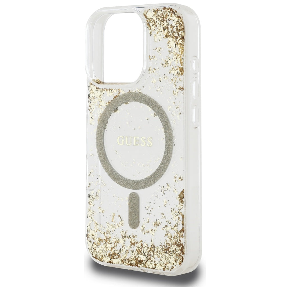 MagSafe Hülle für Apple iPhone 16 Pro, Guess, Resin Bottom Glitter, Gold