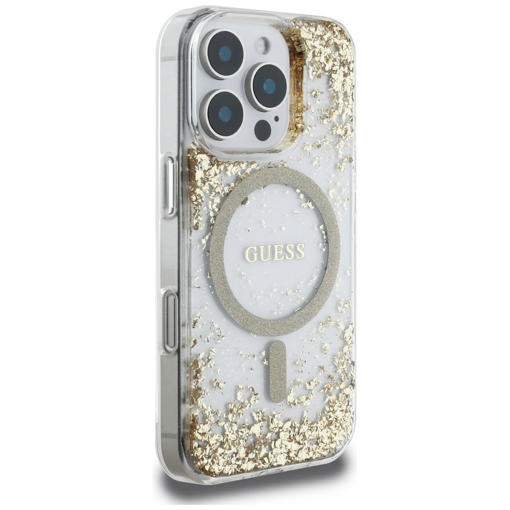 MagSafe Hülle für Apple iPhone 16 Pro, Guess, Resin Bottom Glitter, Gold